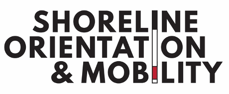 Shoreline Orientation & Mobility logo with words stacked with a cane representing the I in all the words